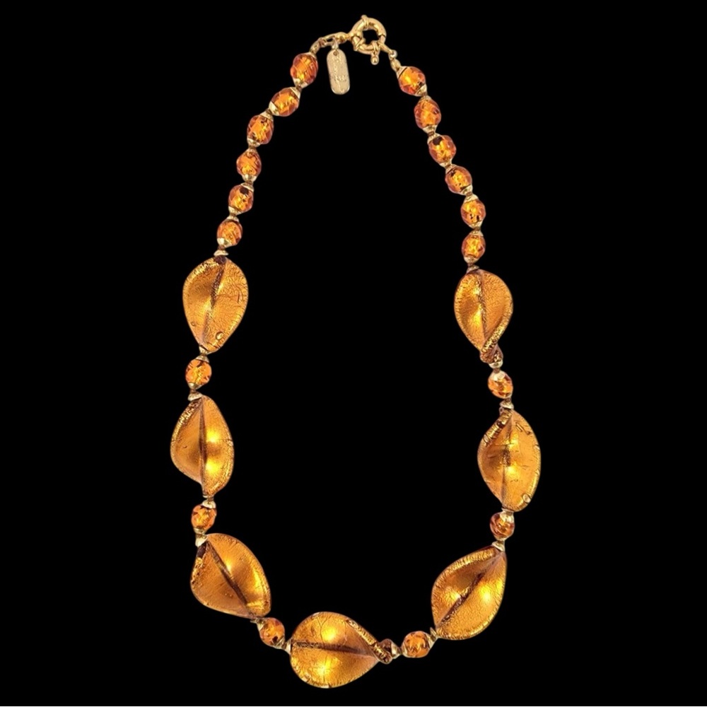 Vintage Designer Gold fleck Murano Art Glass Swirl Beads Necklace Hilary London
